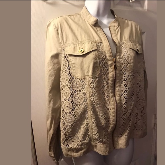 CHICOS Crochet Mix Jacket Coat Tan Beige Full Zip Closure Pockets Lace Basic - Picture 3 of 10